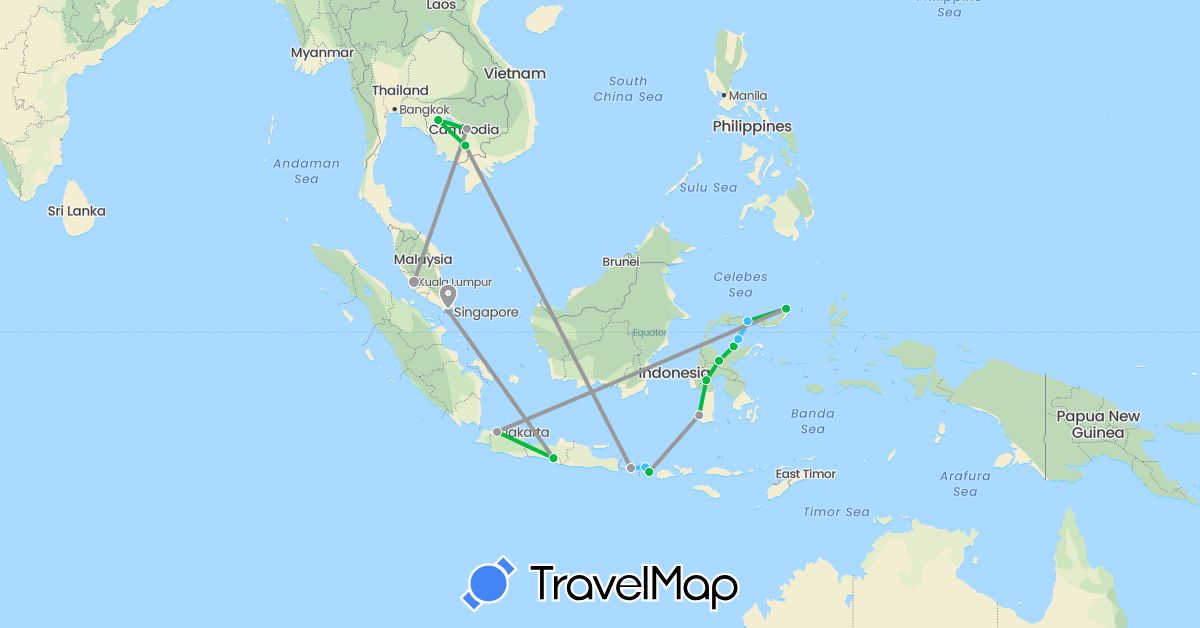 TravelMap itinerary: driving, bus, plane, boat in Indonesia, Cambodia, Malaysia, Singapore (Asia)